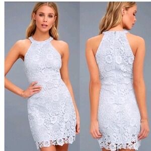 Lulus Womens XS Light Blue‎ Lace Halter Mini Dress Party Cocktail